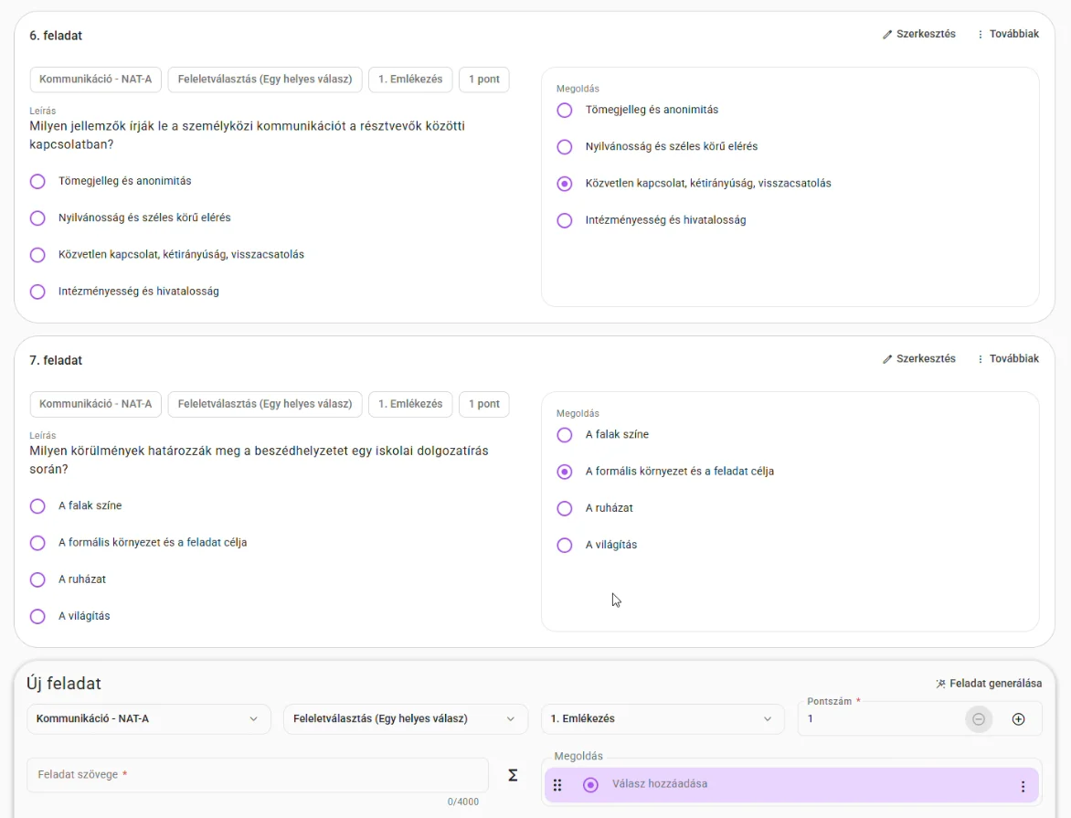 A Lecke platform feladatsor-készítő felülete